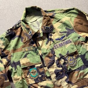 Vintage US Air Force Woodland Camo BDU Jacket Large Regular Hell On Wheels Patch